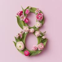 Floral arrangement of number eight made from pink flowers and green leaves on a pastel pink background photo