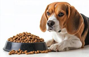 Beagle puppy curiously looking at food bowl filled with kibble during indoor mealtime photo