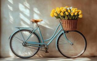 Vintage bicycle with a basket of yellow tulips against a textured wall photo