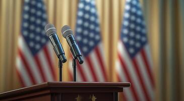 Microphones ready for a press conference in front of American flags photo