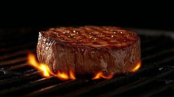 Perfectly grilled steak with flames and grill marks captures the essence of outdoor cooking photo