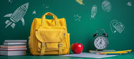 Bright yellow backpack sits near books and an apple in a classroom with a chalkboard background photo