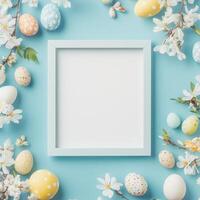 Colorful Easter eggs and flower petals arranged for spring celebration photo