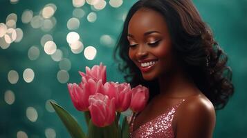 Woman holds pink tulips in a sparkling background during a joyful moment photo