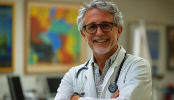 Experienced doctor smiling confidently in a modern clinic setting during daytime photo