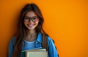 Student with books smiles against a vibrant yellow wall photo