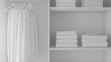 Minimalist design of a neatly organized closet with white garments and towels displayed photo
