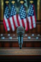 Microphone positioned in front of American flags in a government building during a hearing photo