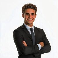 Young businessman in a formal suit smiles confidently with arms crossed indoors photo
