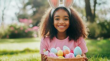 Happy child celebrating Easter outdoors with colorful eggs in a basket during a sunny spring day photo