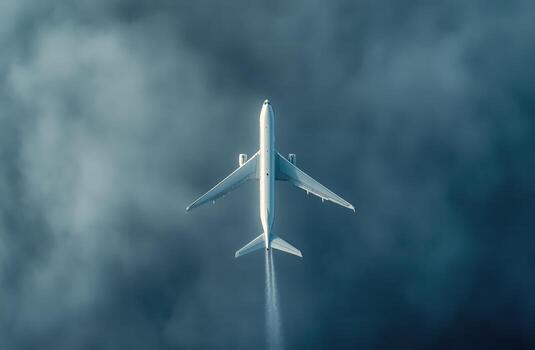 avión volador encima nubes durante día, exhibiendo estela en sereno azul cielo foto