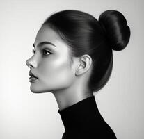 Elegant profile of a woman with a bun hairstyle in black and white on a minimalistic background photo