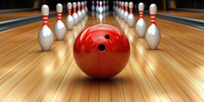 Bowling ball rolling down lane towards pins in a modern bowling alley photo