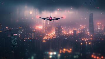 Aircraft approaches illuminated city skyline at night with vibrant lights and misty atmosphere photo