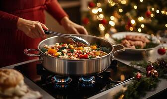 Cooking festive vegetable dish during holiday season gathering at home photo