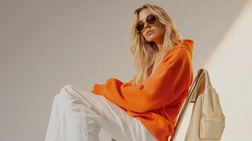 Stylish model wearing orange hoodie and sunglasses poses against neutral background in modern setting photo