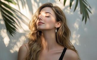 Woman enjoying sunlight with shadows from palm leaves in a tropical setting photo