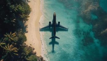 Airplane flying over tropical beach with clear water and palm trees in sunny weather photo