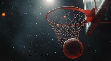 Dramatic moment of a basketball swishing through the net during an evening game with spotlight effects photo