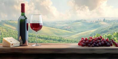 Enjoying red wine with cheese and grapes in a scenic vineyard landscape at sunset photo