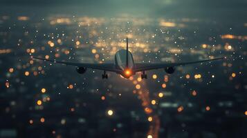 Airplane descends above city lights during nighttime photo