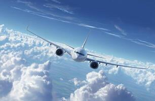 Airplane flying above fluffy clouds during bright daylight photo