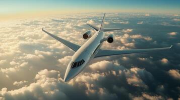 Private jet flying above fluffy clouds during golden hour at high altitude photo
