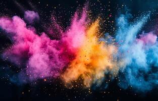 Colorful powder explosion creating a vibrant abstract cloud in a dark background photo