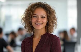 Young woman with curly hair smiles in modern office setting with colleagues in background photo