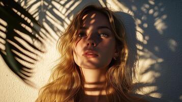 Young woman with long hair stands against wall with shadow patterns created by leaves during golden hour photo