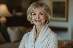 Smiling woman in cozy sweater with natural lighting indoors in a warm and inviting setting photo