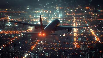 Airplane flying over a vibrant city skyline at night with lights illuminating the dark sky photo