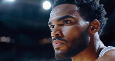 Intense focus of a basketball player during a game in a well-lit arena photo