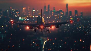 Airplane landing over city skyline during sunset with bright lights in the background photo