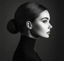 Elegant profile portrait of a woman against a dark background with a sleek hairstyle photo