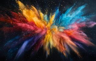 Vibrant explosion of colorful powder creating dynamic patterns in a dark space photo