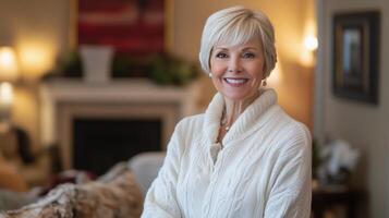 Woman with short blonde hair smiles warmly in a cozy indoor setting during daylight photo