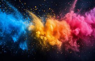 Colorful powder explosion creates vibrant clouds of blue, orange, and pink in artistic display photo