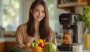 Smiling woman with a bowl of fresh fruits and vegetables in a bright kitchen setting photo