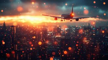 Airplane flying over a city skyline at sunset with colorful lights and a dramatic sky photo