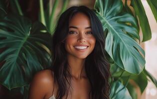 Smiling woman surrounded by lush tropical foliage in a bright natural setting photo