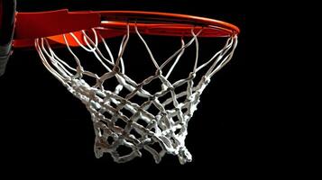 Basketball hoop with net illuminated against black background during evening photo