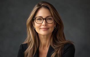 Professional woman with glasses poses confidently against a dark background in a sophisticated setting photo