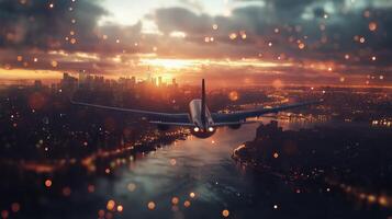 Stunning sunset view from airplane flying over city skyline with river reflection photo