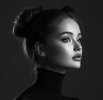 Elegant portrait of a woman with dark hair in a high neckline outfit against a black background photo
