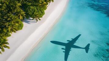 Airplane shadow gliding over tranquil tropical beach and clear turquoise waters photo