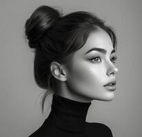 Model poses elegantly against a neutral background showcasing classic beauty and striking features photo