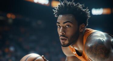 Player focuses intensely on the game during an exciting basketball match in a packed arena photo