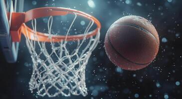 Basketball flying towards hoop during a game on a vibrant court surrounded by cheering fans photo