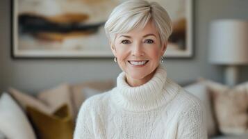 Smiling older woman in cozy sweater with stylish home decor in background photo